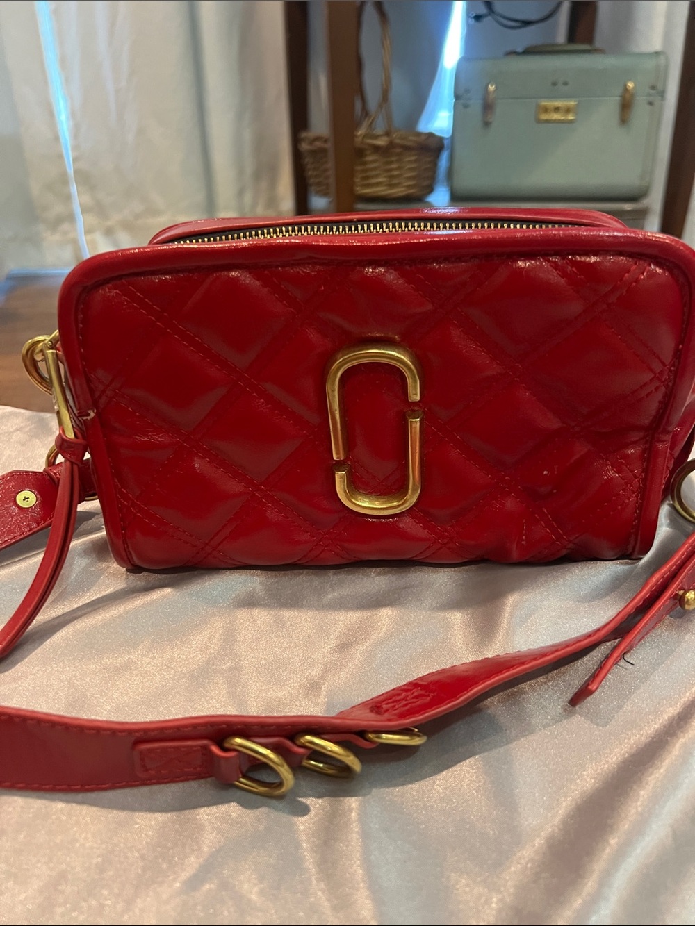 Marc Jacobs Snapshot Red Quilted Crossbody Bag with Gold Hardware